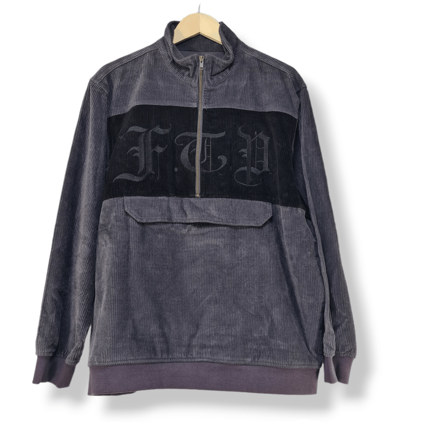 image of Fuck The Population Ftp Half-Zip Logo Corduroy Jacket in Grey, Men's (Size Large)