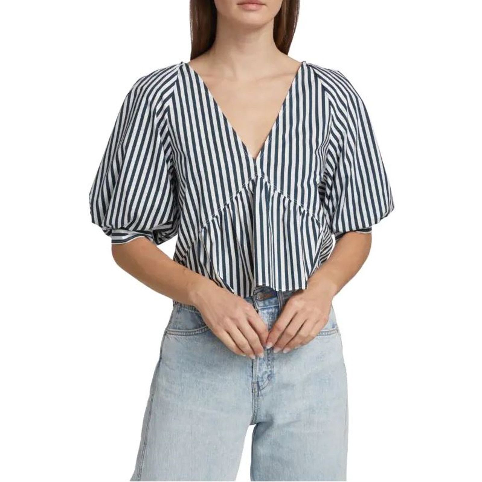 image of Frame Women's Nacy Striped Cropped Puff Sleeve Top Size S in Blue