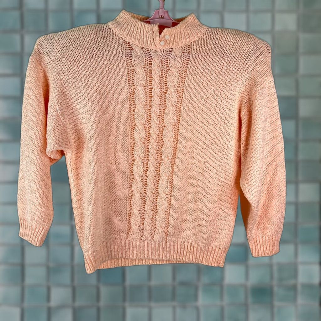 Vintage Sterling Harris Womens Button High Neck Peach Cable Knit Sweater L Size L / US 10 / IT 46 - 1 Thumbnail