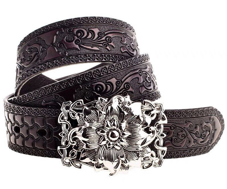 Japanese Brand × Vintage Retro brown lotus carved western leather belt Size ONE SIZE - 1 Thumbnail