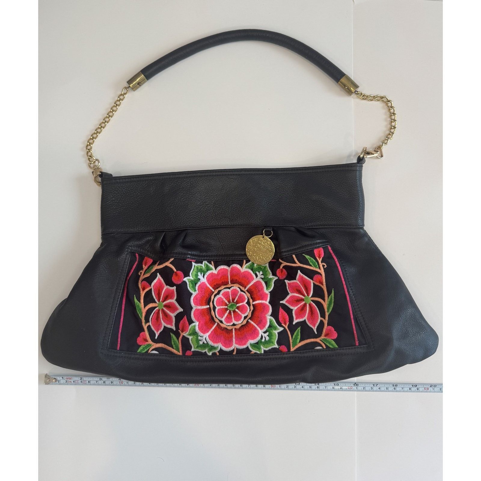 Furla × Tory Burch Blumera Embroidered Purse Womens Large Black Pink Floral Size ONE SIZE - 2 Thumbnail