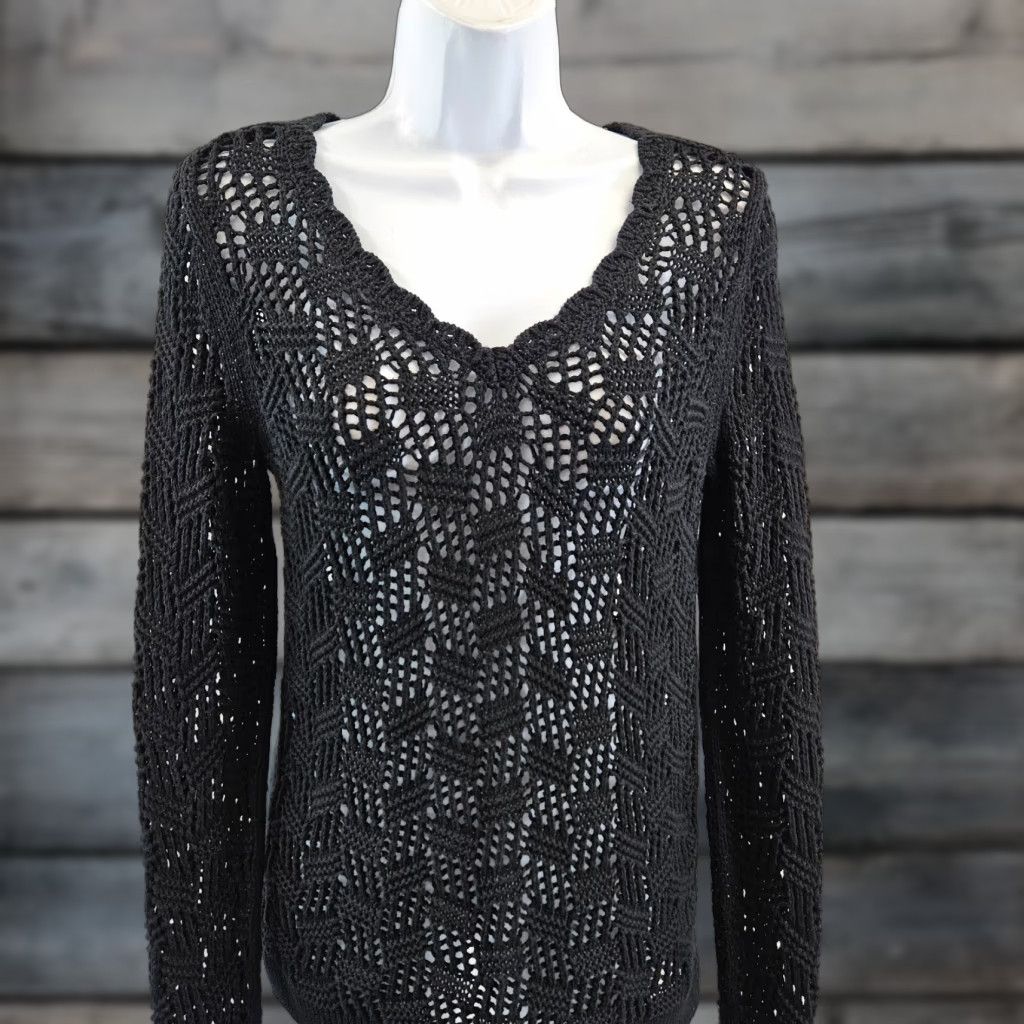 Loft Ann Taylor LOFT Womens Open Knit Sweater Sz Small Black Cotton Long Sleeve Size S / US 4 / IT 40 - 1 Thumbnail