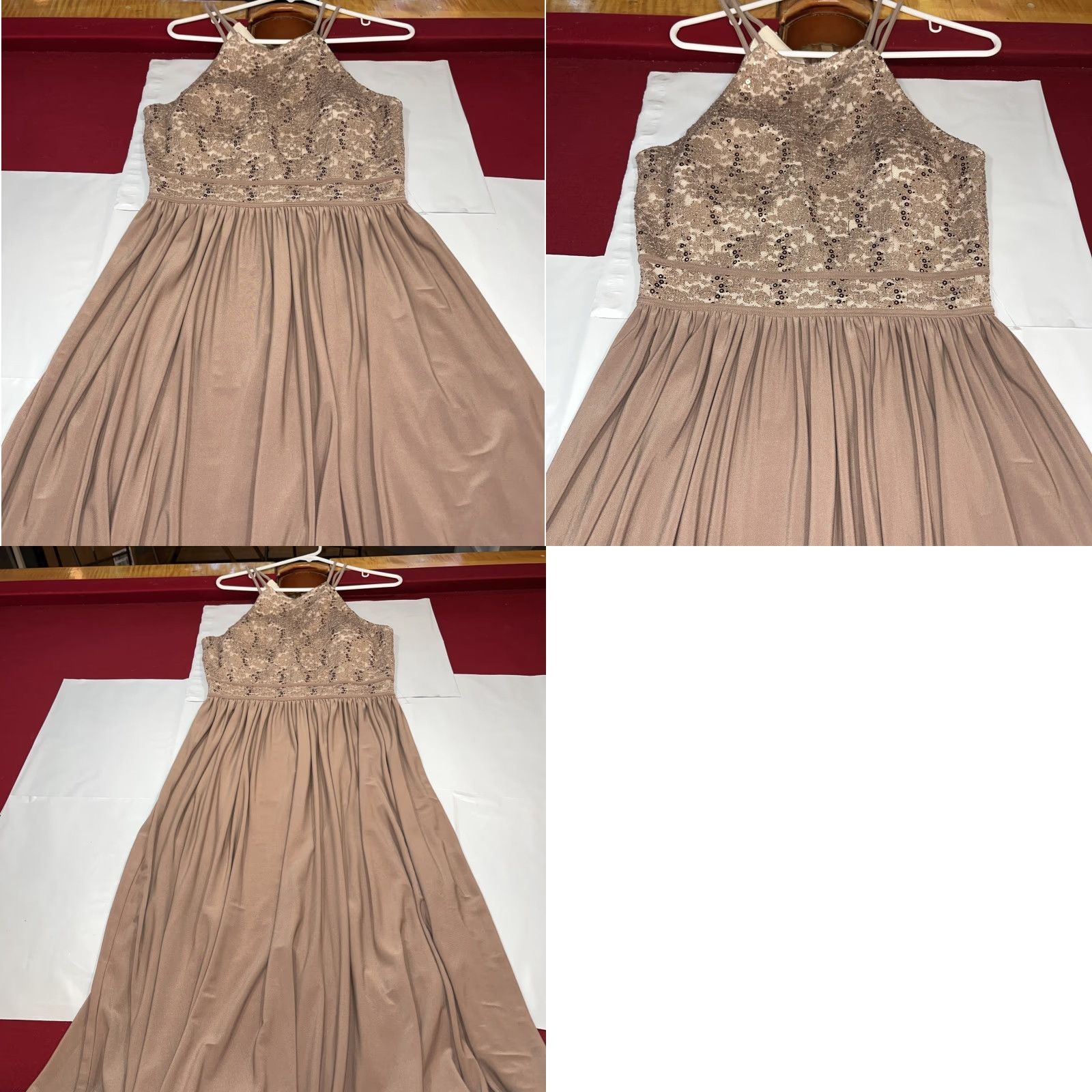 Vintage Nightway Dress Maxi HALTER Sequin Lace Brown Beige NEW GOWN Stretchy Size 10 NWT Size L / US 10 / IT 46 - 10 Thumbnail