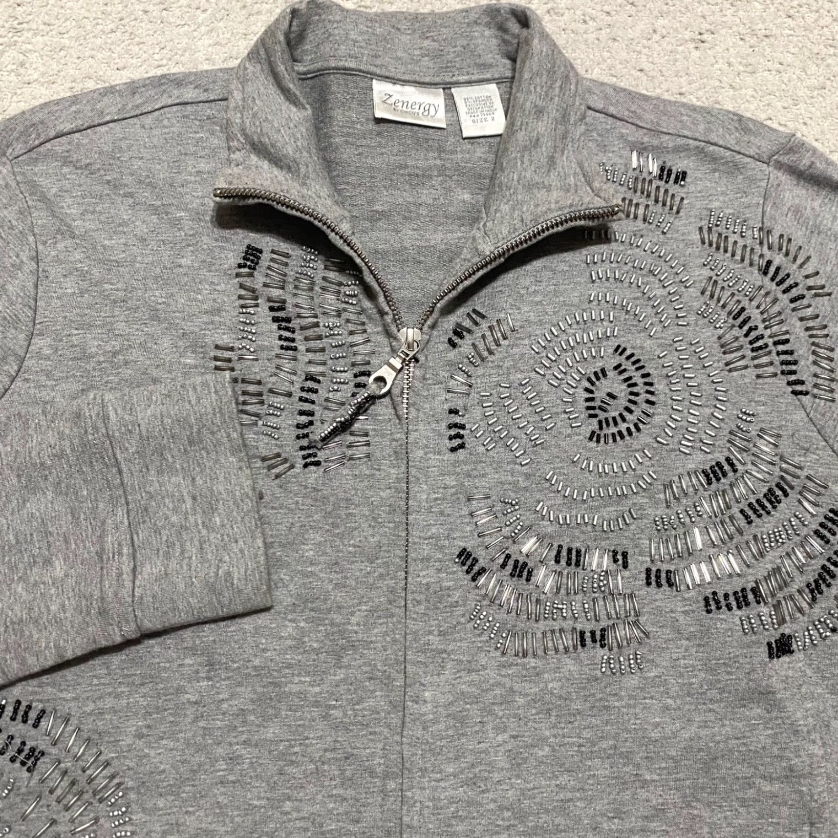 Vintage Chico's Zenergy Womens Jacket L Gray Bejeweled Long Sleeve Full Zip Pockets 90s Casual Travel Knit Cotton Size L / US 10 / IT 46 - 4 Thumbnail