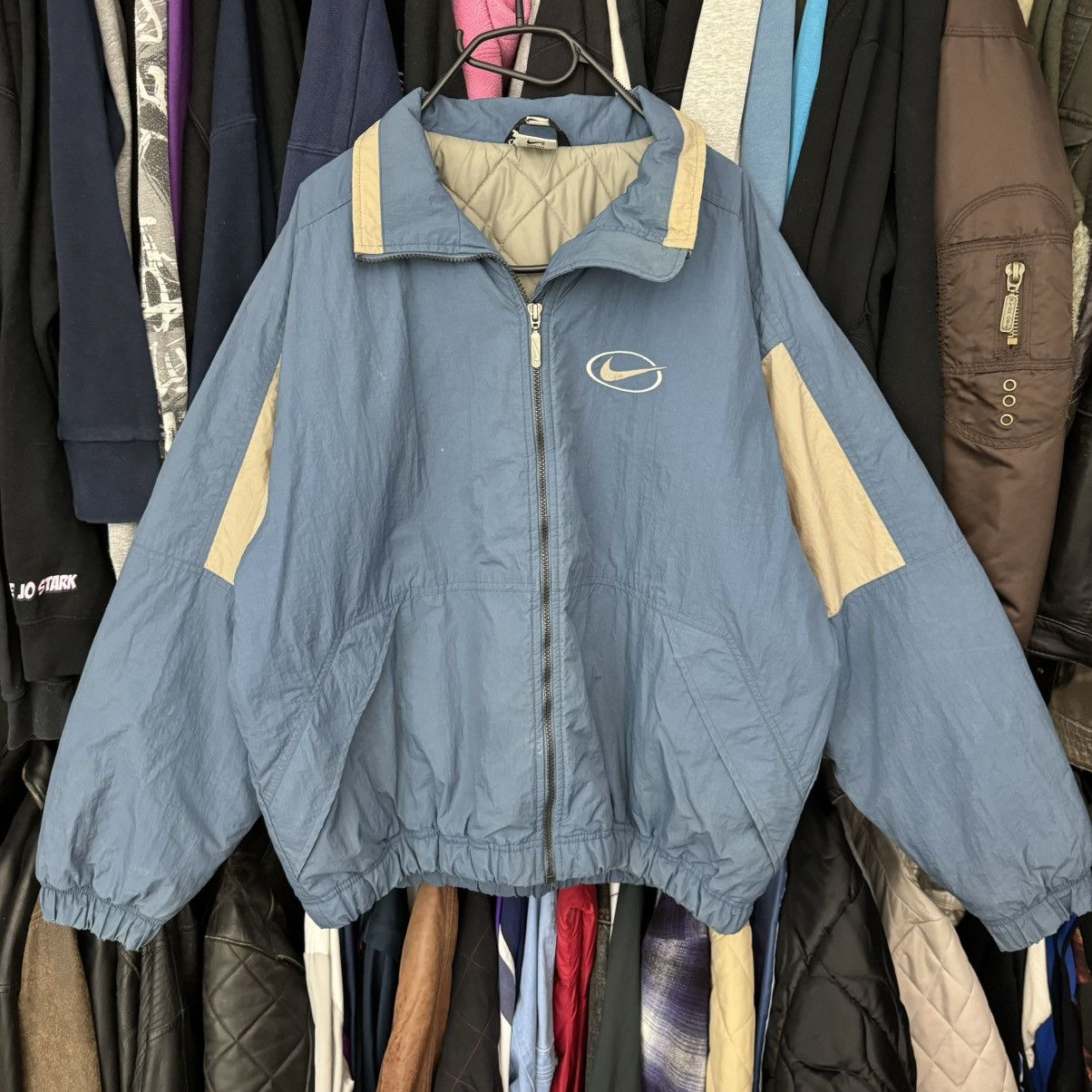 Nike × Vintage Vintage Nike Central Swoosh Bomber Jacket 90s y2k beige blue Size US M / EU 48-50 / 2 - 2 Thumbnail