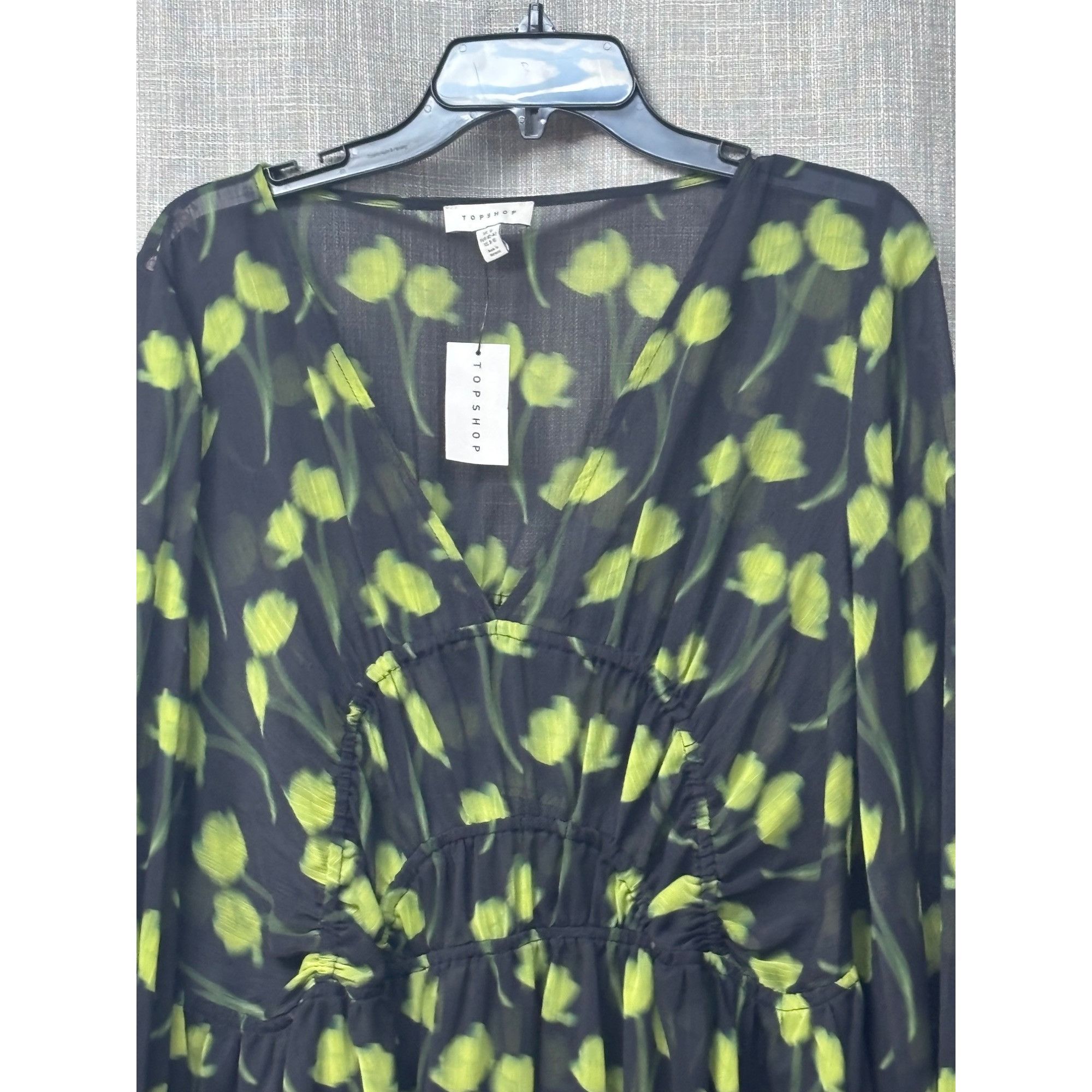 Topshop Topshop Floral Ruched Long Sleeve Dress In Medium Green, Sz. Size M / US 6-8 / IT 42-44 - 5 Thumbnail