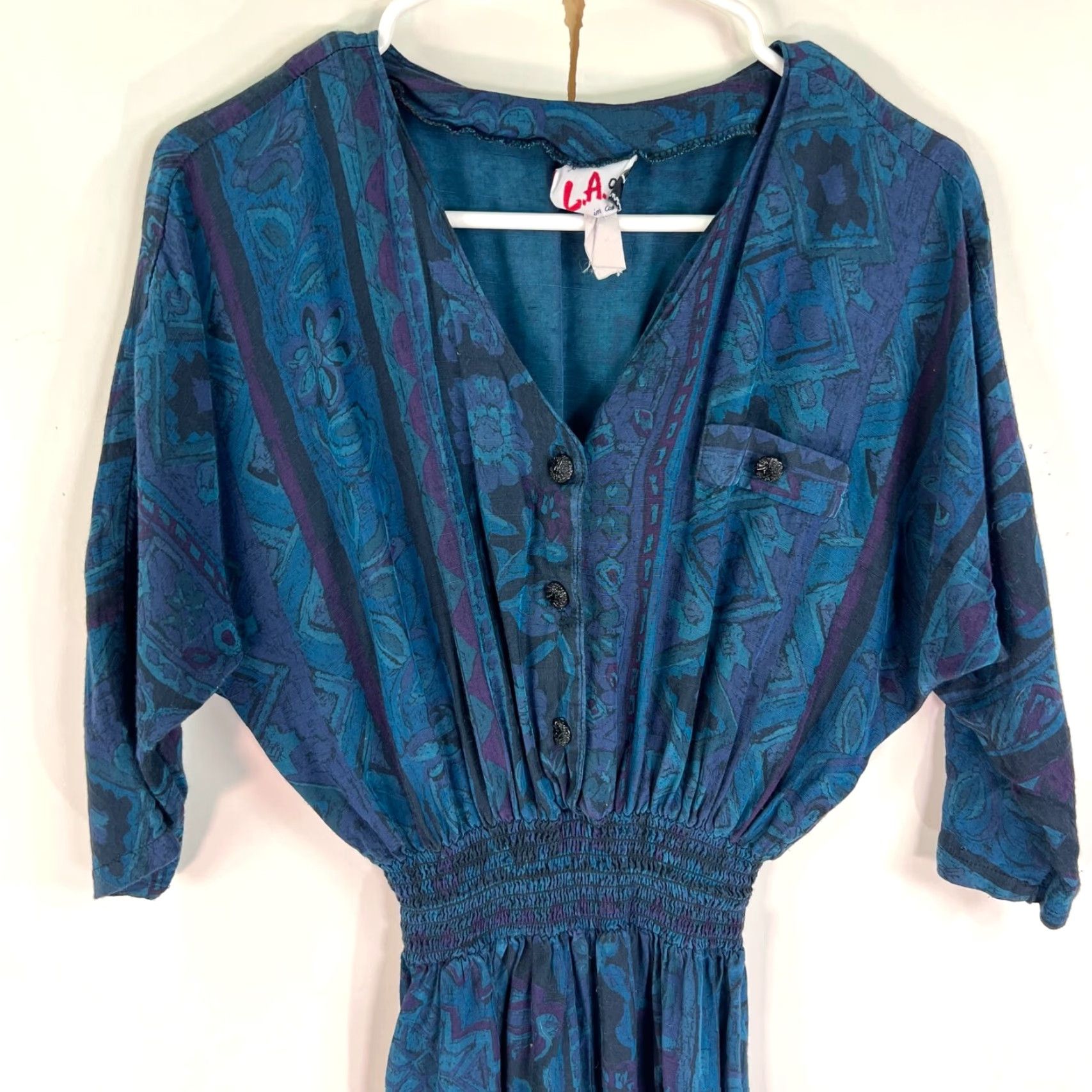 Vintage VINTAGE LA GAL Jumpsuit Women Size 6 Blue Geometric 80s Boho 3/4 Sleeve V-Neck Button Spring Fall Summer Regular Womens Size 28" / US 6 / IT 42 - 2 Thumbnail
