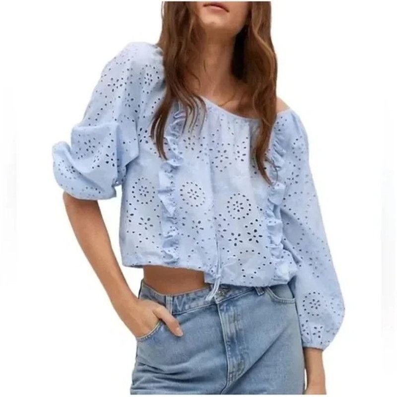 Other JOIE Ruffle Embroidered Drawstring Hem Blouse Blue Womens XS Size XS / US 0-2 / IT 36-38 - 9 Thumbnail