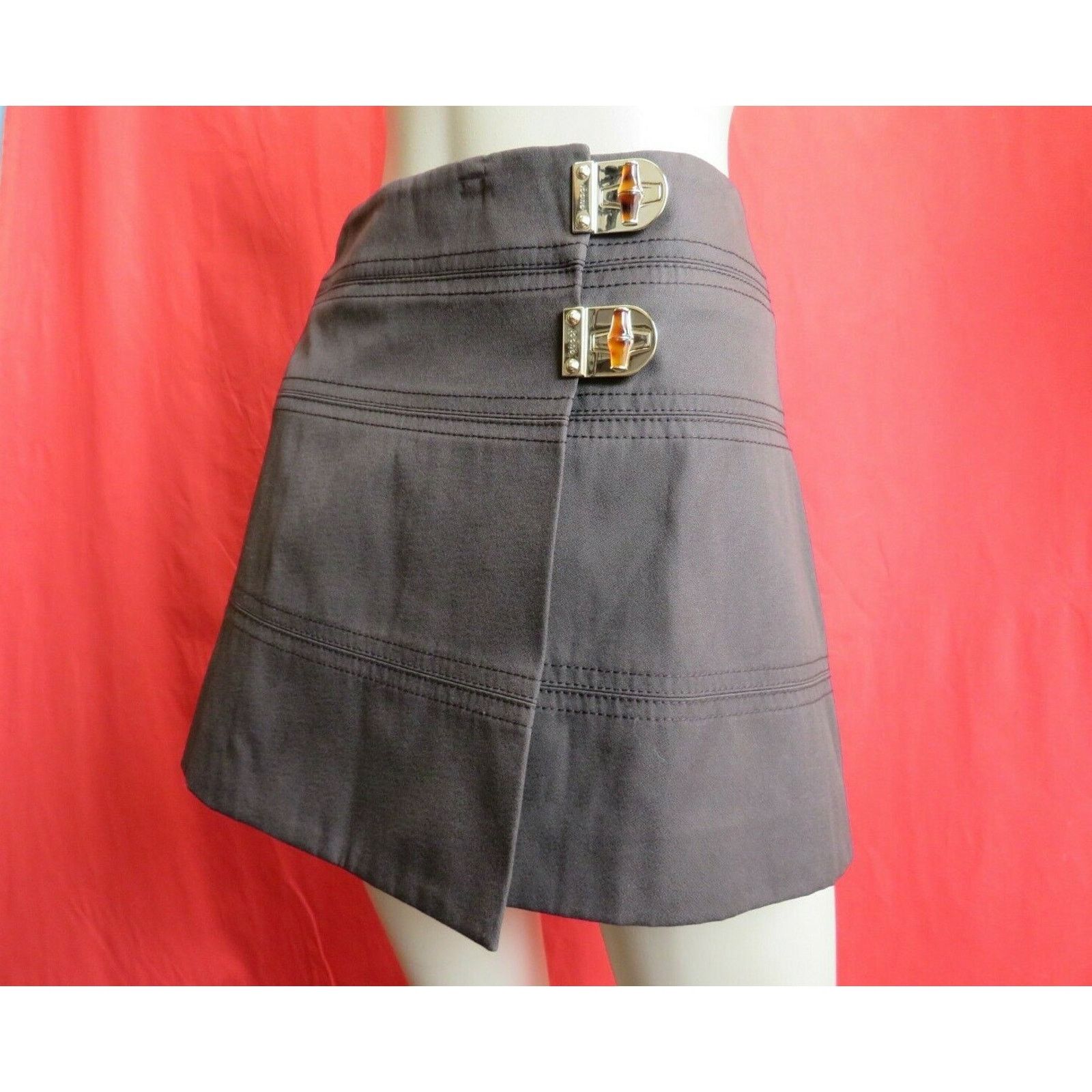 Gucci GUCCI 212891 BROWN COTTON JEWELED TURNLOCKS BUCKLE SKIRT 44 Size 30" / US 8 / IT 44 - 5 Thumbnail