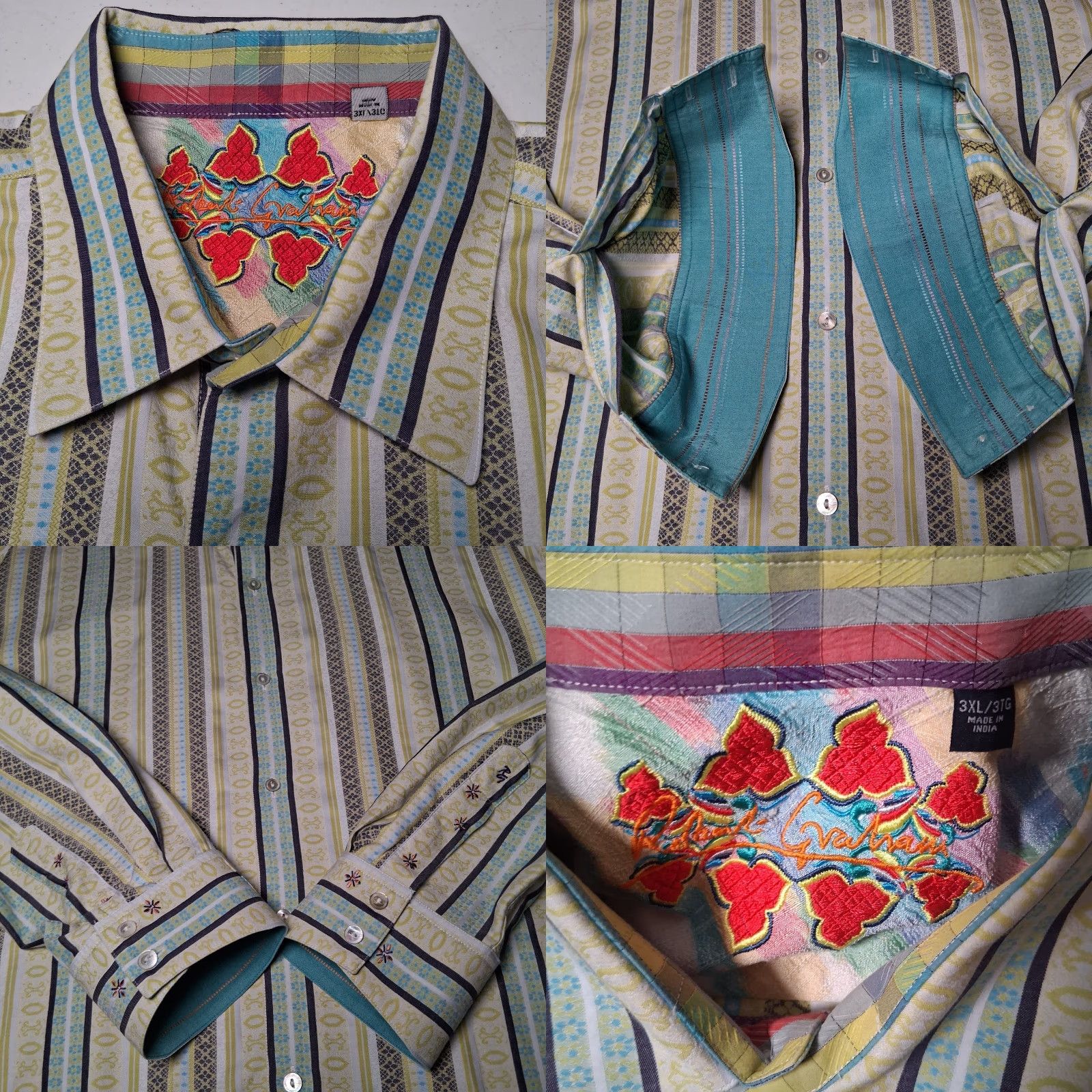 Robert Graham Robert Graham Shirt Men 3XL Blue Floral Long Sleeve Button Up Flip Cuff Silk Trim Collared Spread Pattern: Striped - Big & Tall Mens Apparel Size US XXL / EU 58 / 5 - 8 Thumbnail