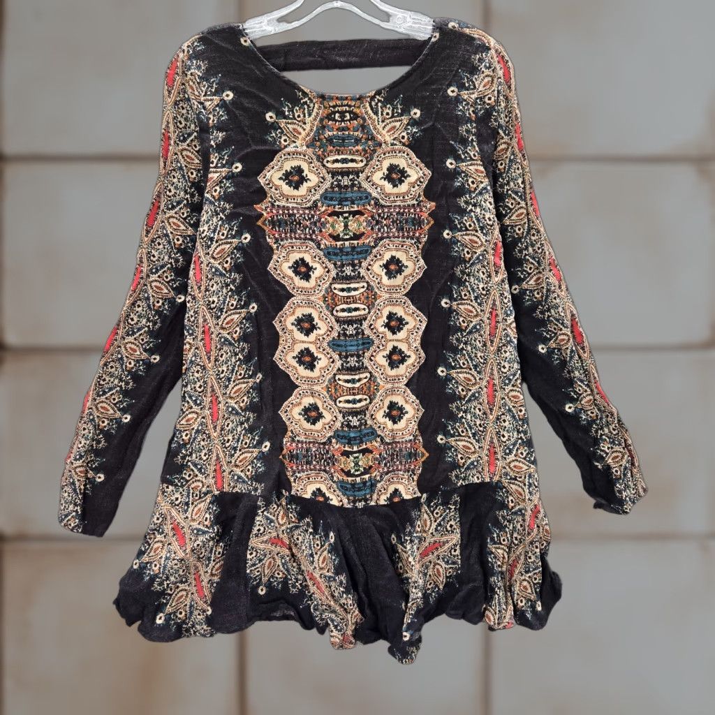 Free People Black Mini Dress S Long Sleeve Aztec Casual Womens