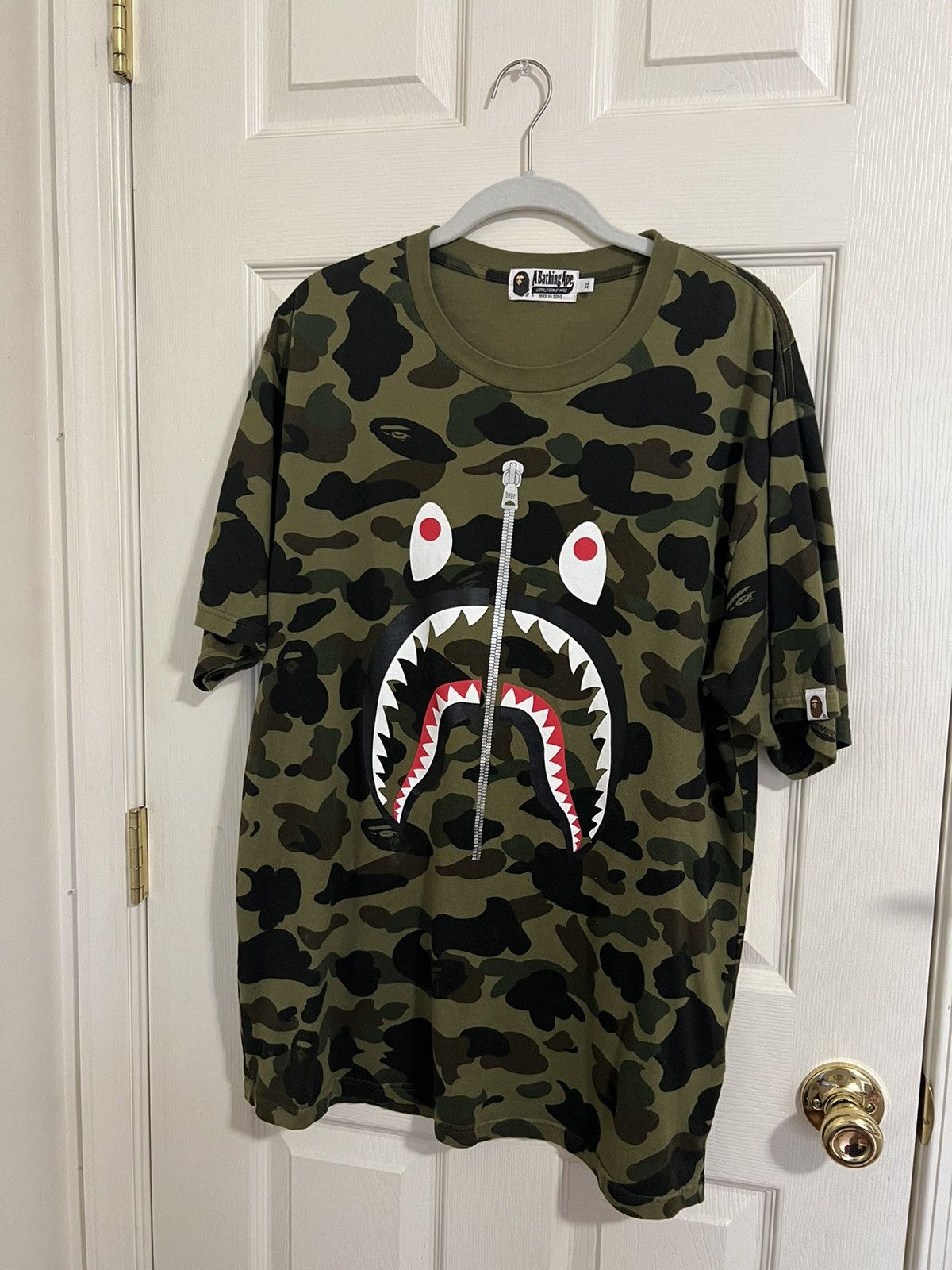 image of Bape 1St Camo Shark Tee in Green, Men's (Size XL)