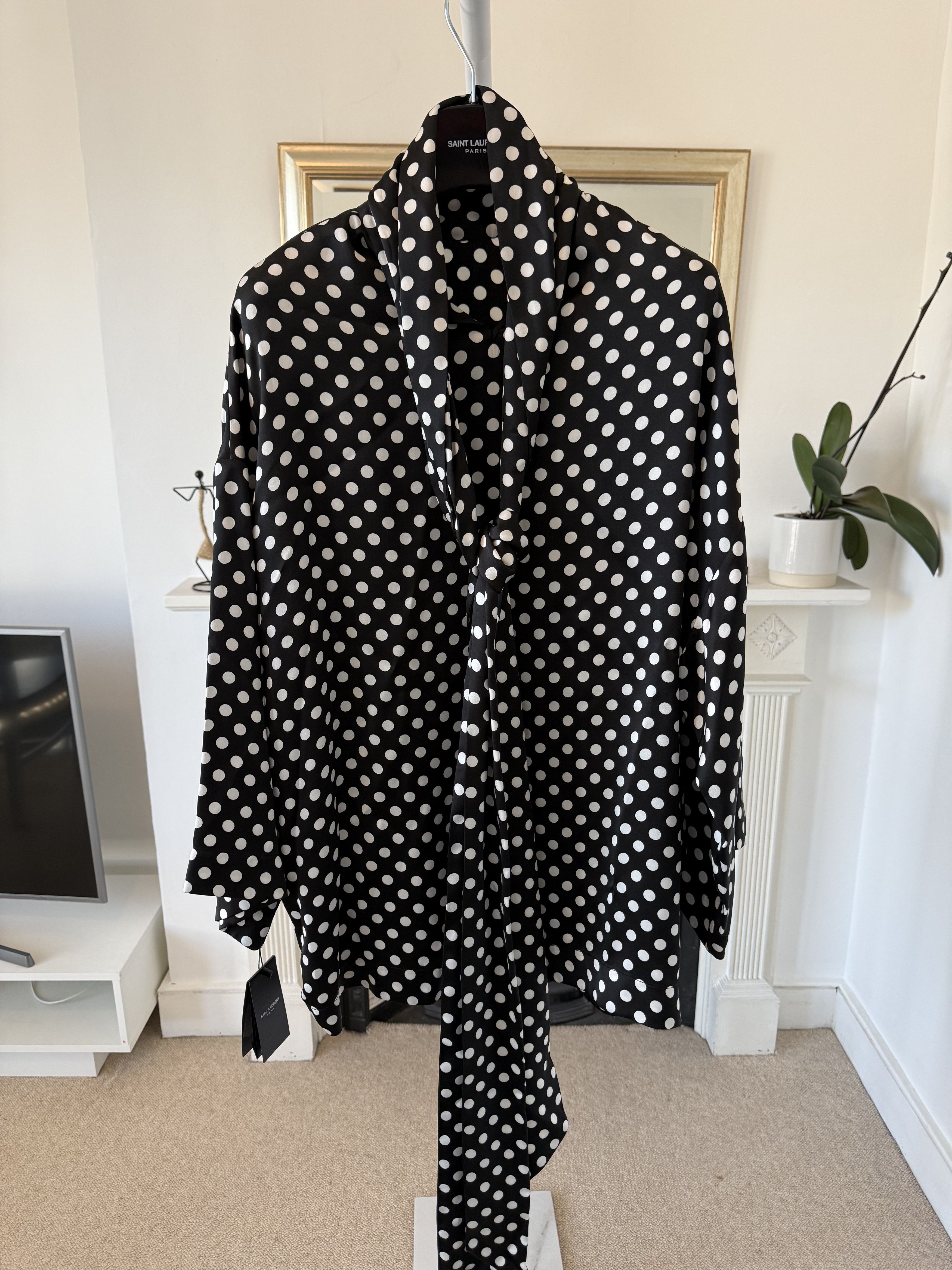 Saint Laurent Paris SS23 Saint Laurent Lavalliere-Neck Satin Polka Dot Blouse Size US L / EU 52-54 / 3 - 1 Thumbnail