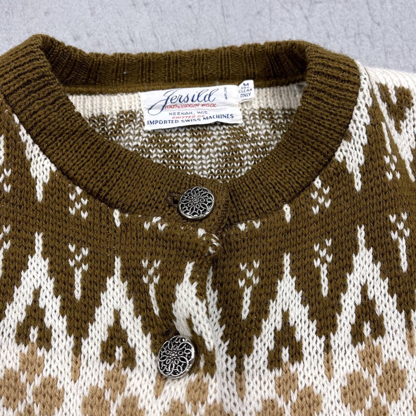 Vintage VINTAGE Jersild Cardigan Womens M Brown 100% Wool Fair Isle Crew Neck Button-Front Knit Size M / US 6-8 / IT 42-44 - 5 Thumbnail