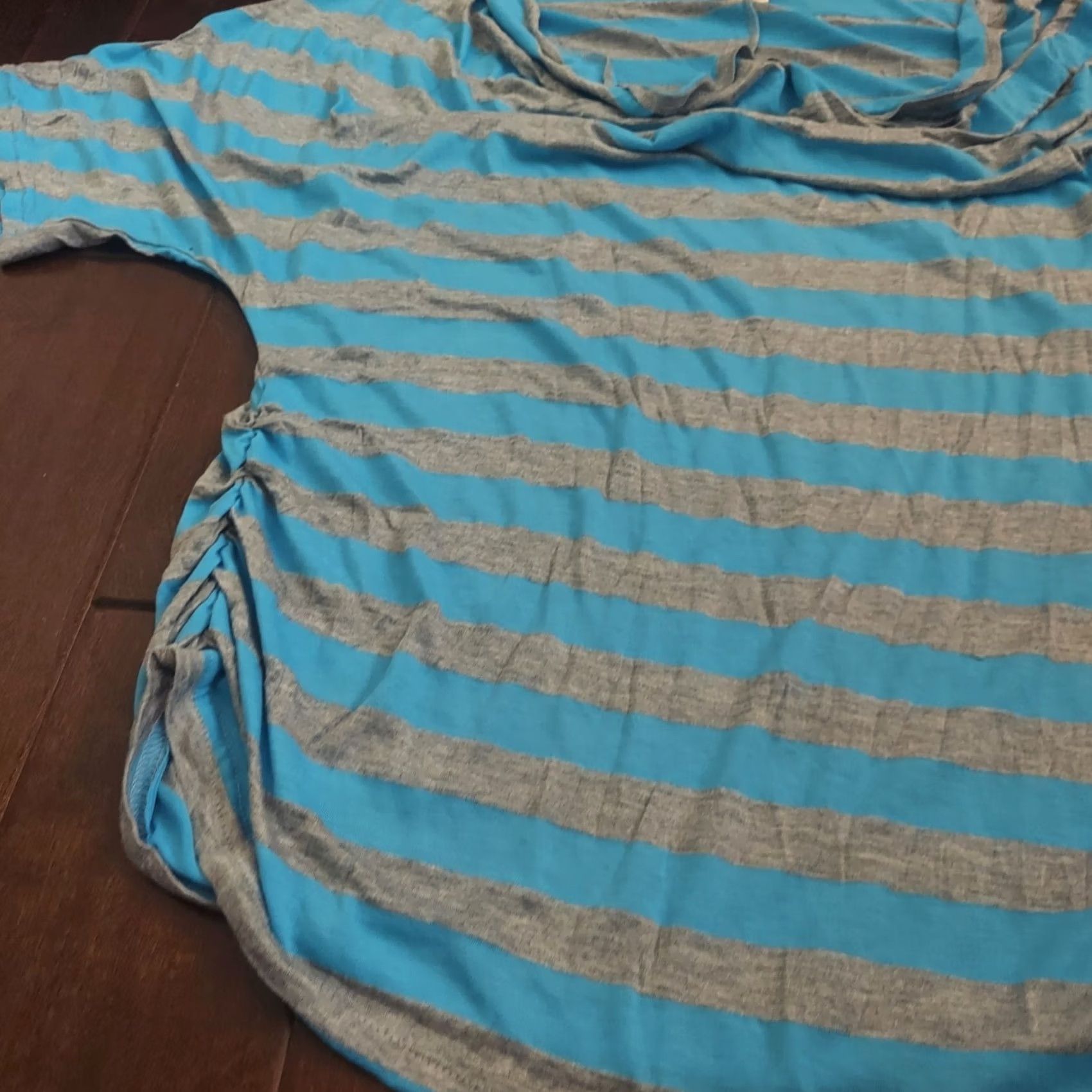 Vintage Pretty Rebellious Blouse Shirt Women 3XL Blue Gray Stripe Side Ruching Short Sleeve Plus Size Casual Summer Spring Fall Winter Size XXL / US 16-18 / IT 52-54 - 4 Thumbnail