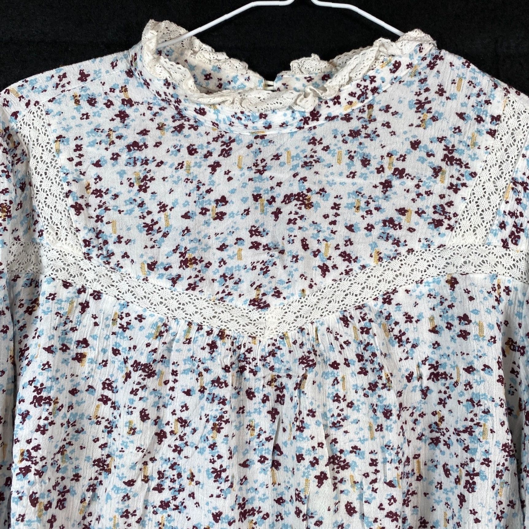 Loft LOFT Blouse Multicolor Floral Bell Sleeve Peasant Crochet Stretch M Womens Top Boho Casual Workwear Vertical Floral Pattern Size M / US 6-8 / IT 42-44 - 2 Thumbnail