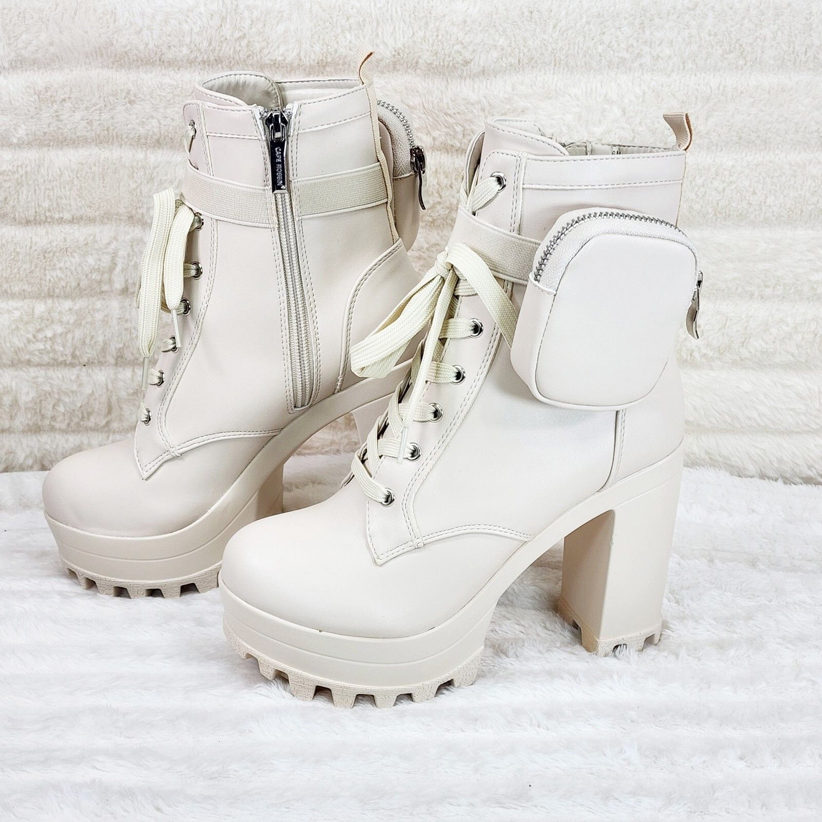 Secrets Nude Chunky Block Heel Side Purse/Pouch Ankle Boots