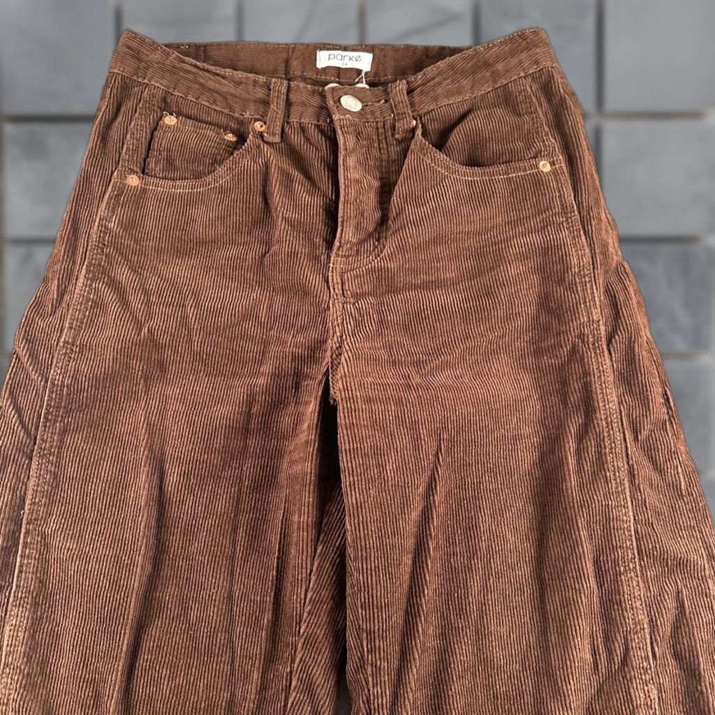 Parker Parke Corduroy Pants Womens 24 Brown Barrel Leg High Rise Button Fly 100% Cotton Size 42" / US 20 - 1 Thumbnail