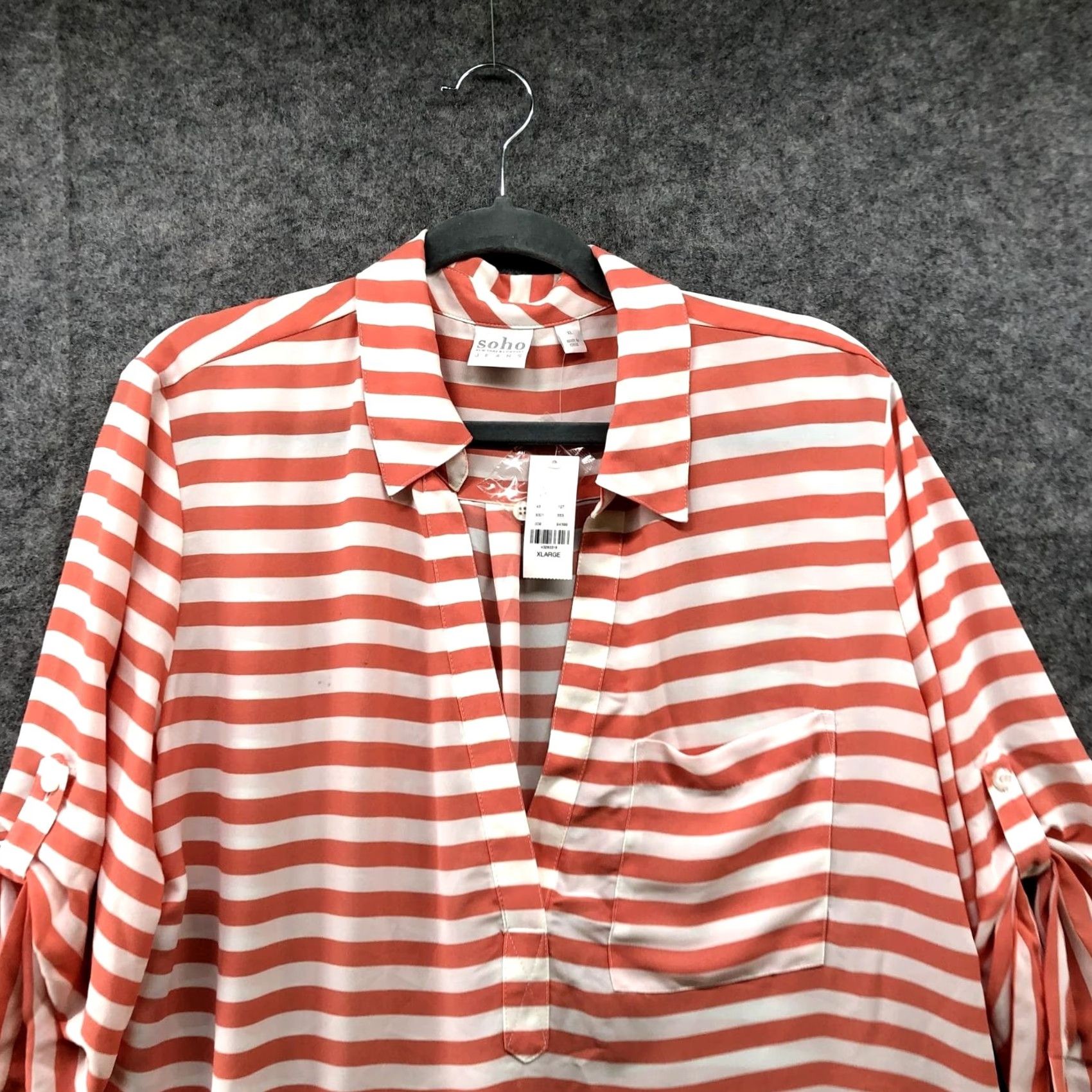 Pinko NWT Soho Jeans Chiffon Blouse Pink Peach White Stripe Womens XL Popover Roll Tab Shirt Blouse Shirt Size XL / US 12-14 / IT 48-50 - 4 Thumbnail