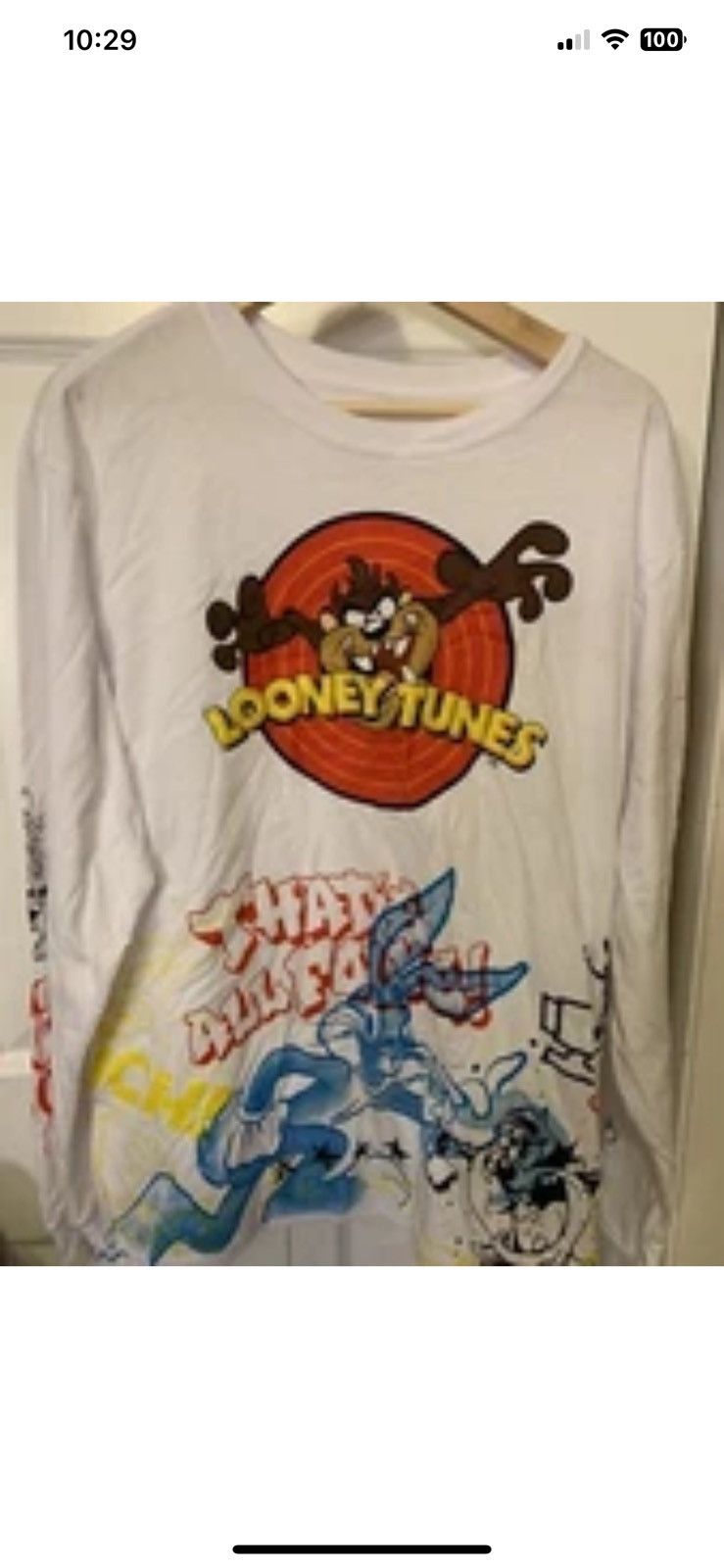 Warner Bros Looney Tunes mens sz L white long sleeve t shirt Size US L / EU 52-54 / 3 - 6 Thumbnail