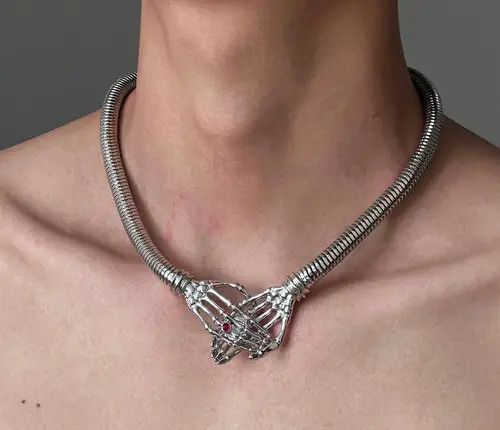 Jewelry Silver Skeleton Hands Choker Necklace, Mens Jewelry Size ONE SIZE - 3 Thumbnail