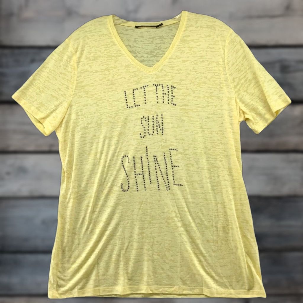 Vintage Clarina T-Shirt Women Yellow Beaded L V-Neck Short Sleeve - Spring Summer Womens L 90s? Size L / US 10 / IT 46 - 1 Thumbnail
