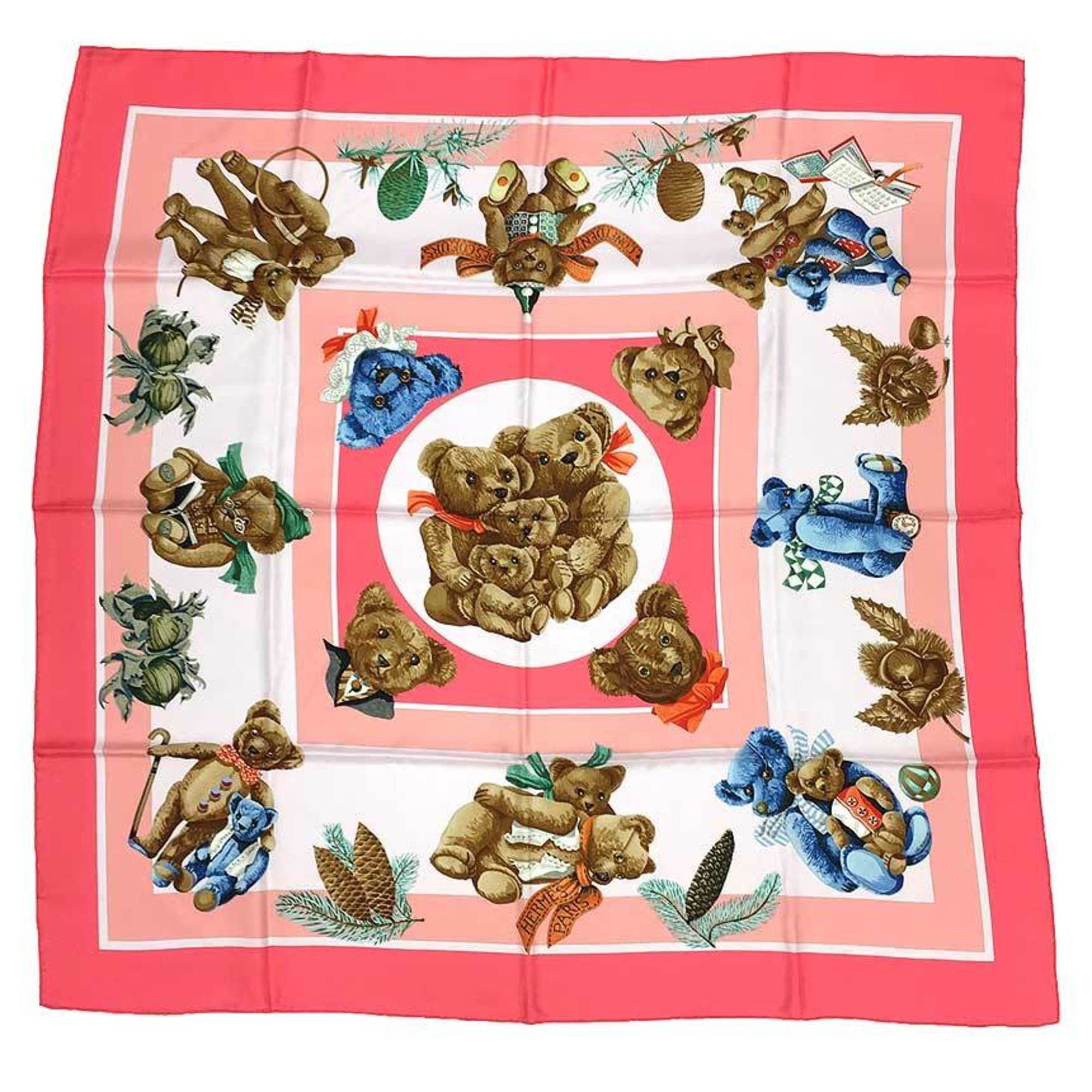 image of Hermes Scarf Muffler Carre 90 Confidents Des Coeurs Friend Of The Heart Bear Tidy Pink X Brown Blue