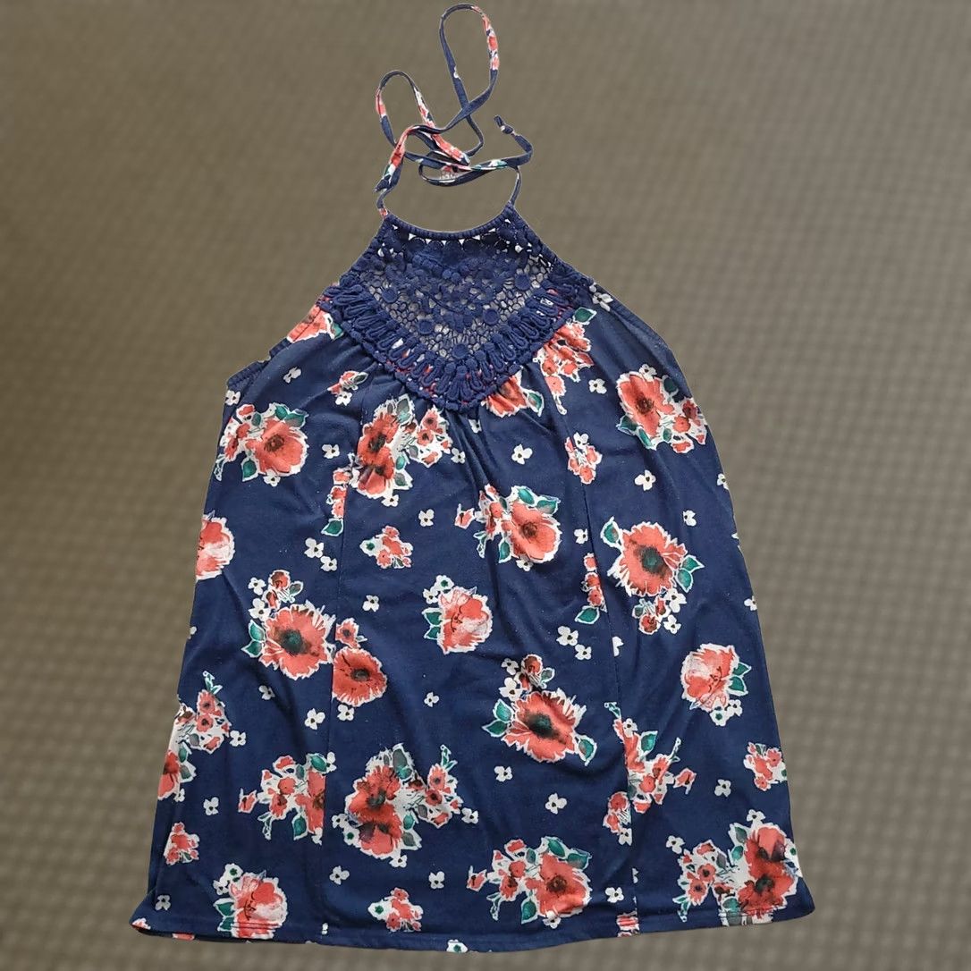 Vintage Vanity Blue Floral Top With Crochet Neckline Womens Medium Tank Sleeveless Halter Crochet Size M / US 6-8 / IT 42-44 - 1 Thumbnail