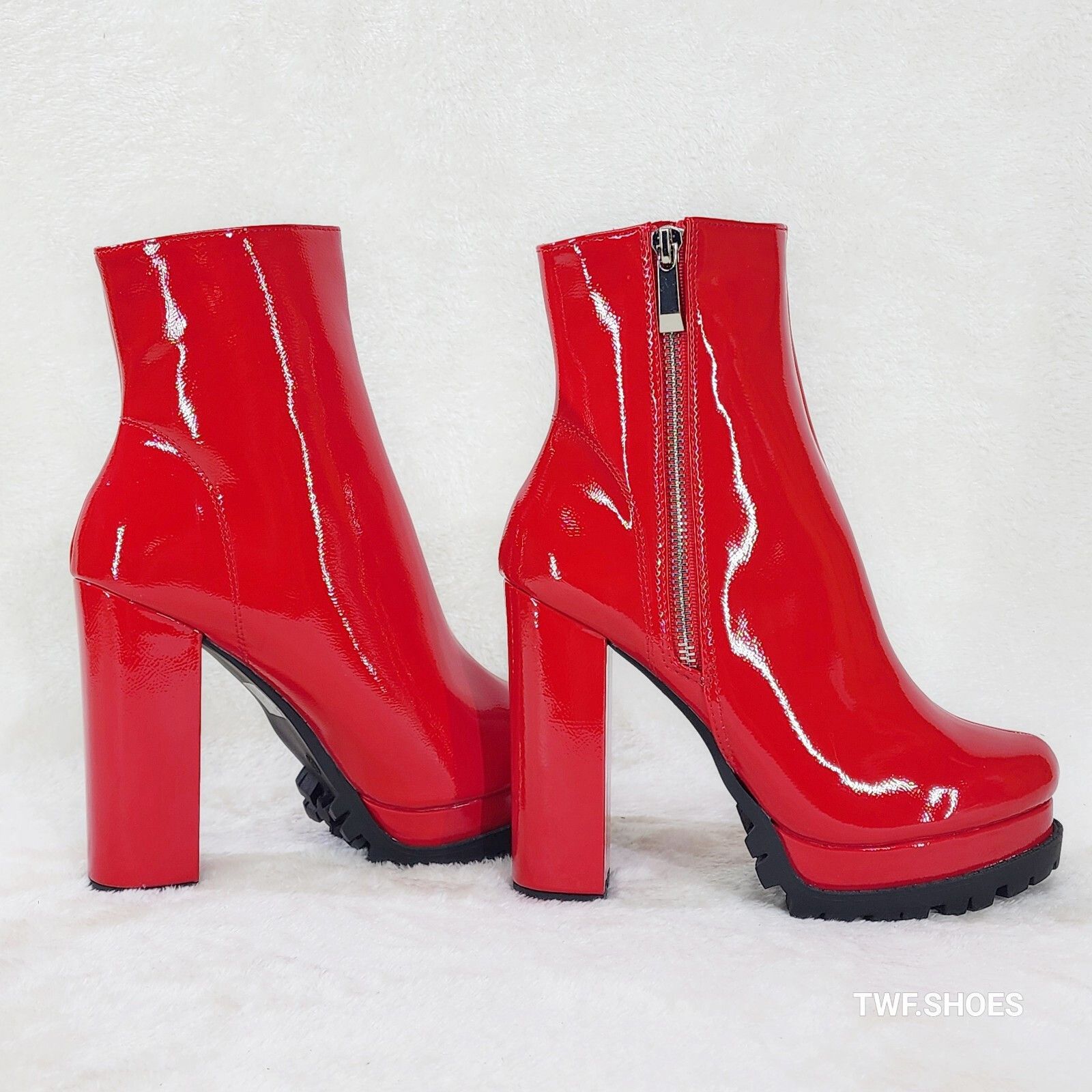 Other Wild Diva Vivian Red Patent Chunky Heel Platform Ankle Boots Size US 7 / IT 37 - 3 Thumbnail