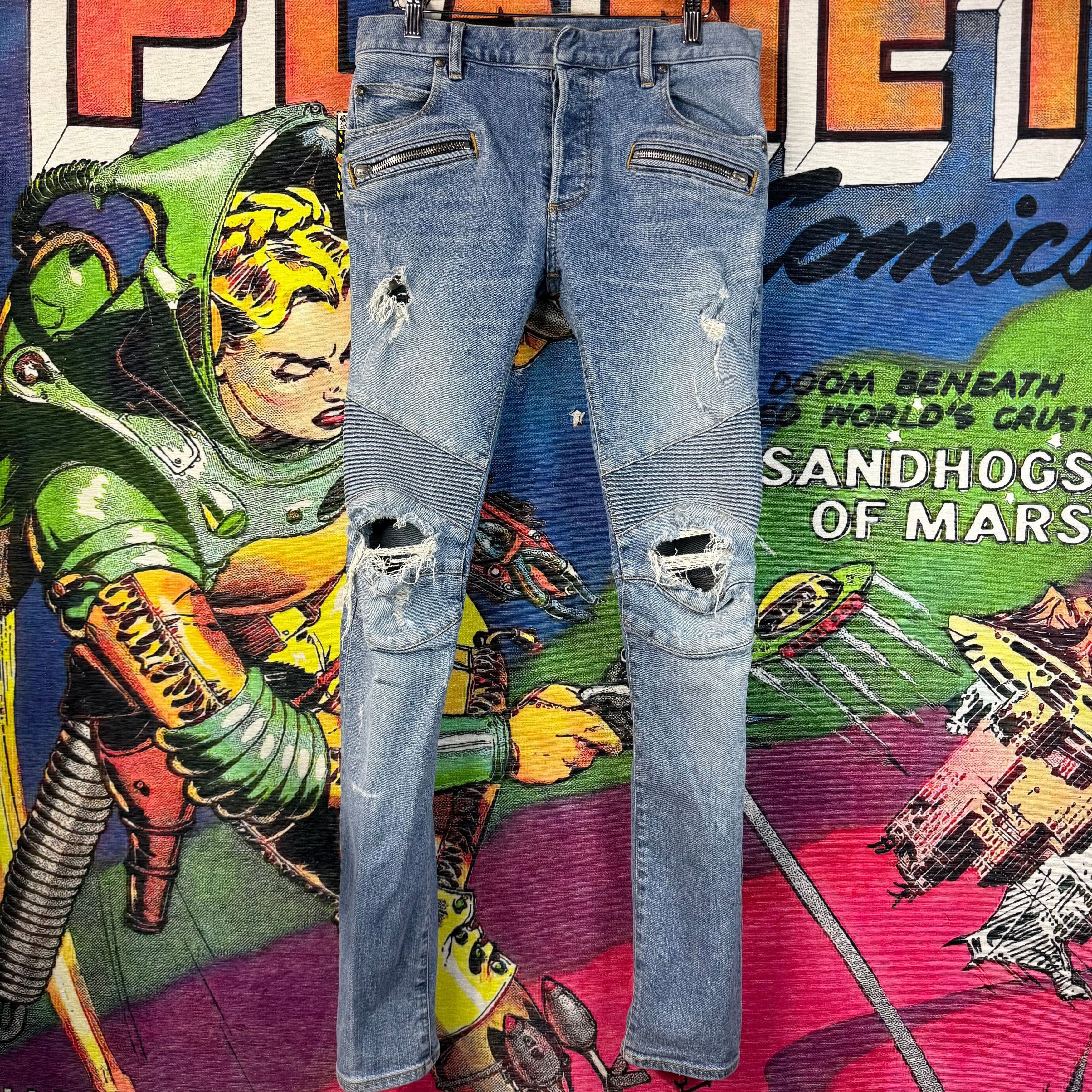 Balmain Balmain Distressed Motto Blue Jeans Size 29 Size US 29 - 1 Thumbnail