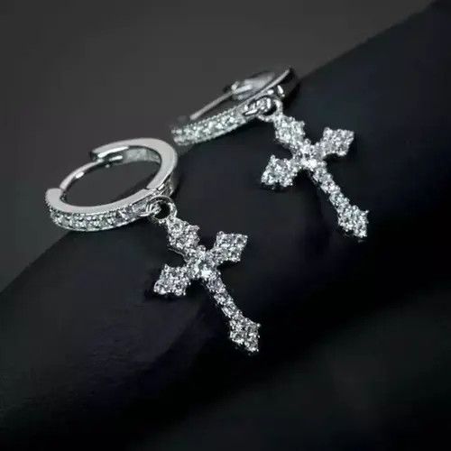Jewelry × Sterling Silver Large Cross Diamond Earrings Size ONE SIZE - 2 Thumbnail