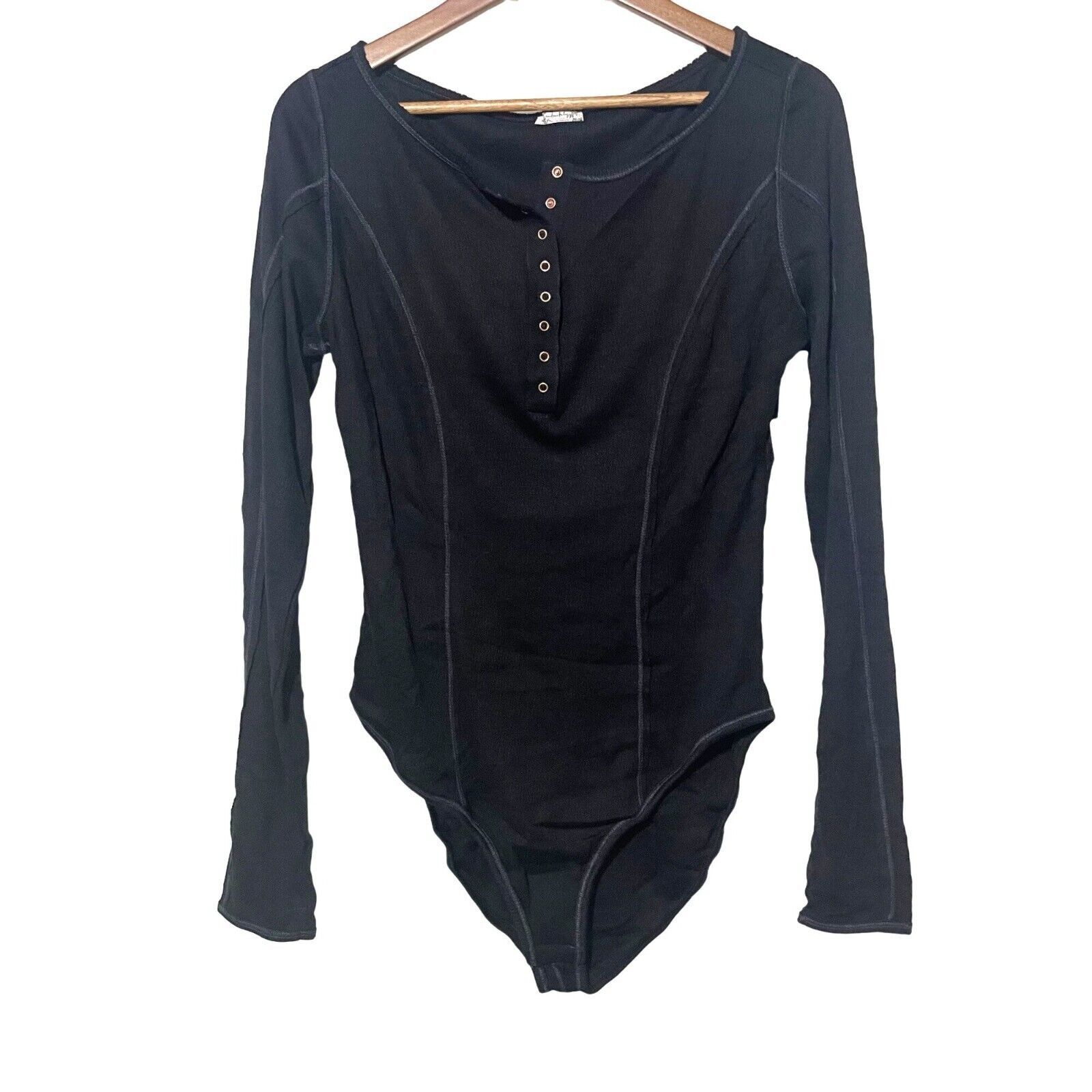 Free People Free People Bodysuit Sloane Thermal Button Neck Black Large Size L / US 10 / IT 46 - 3 Thumbnail