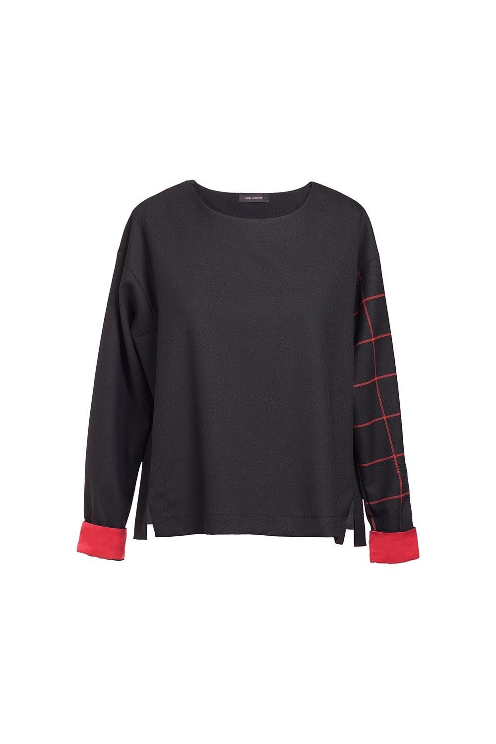 Cop Copine Cop Copine Black Knok Top with Red Checked Sleeve and Cuffs Size S / US 4 / IT 40 - 1 Thumbnail