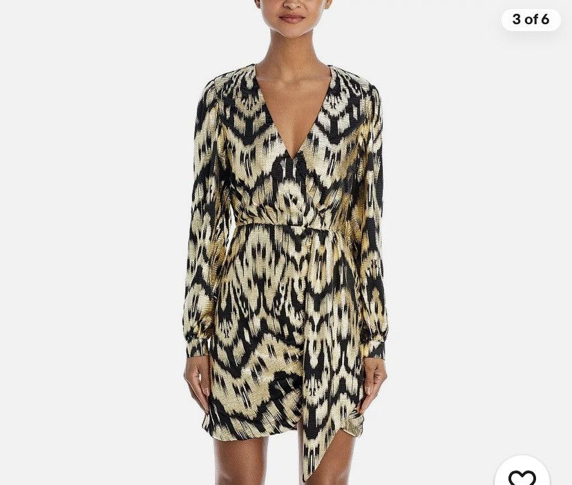 AQUA Aqua Black and gold foil print, faux wrap dress NWT | Grailed