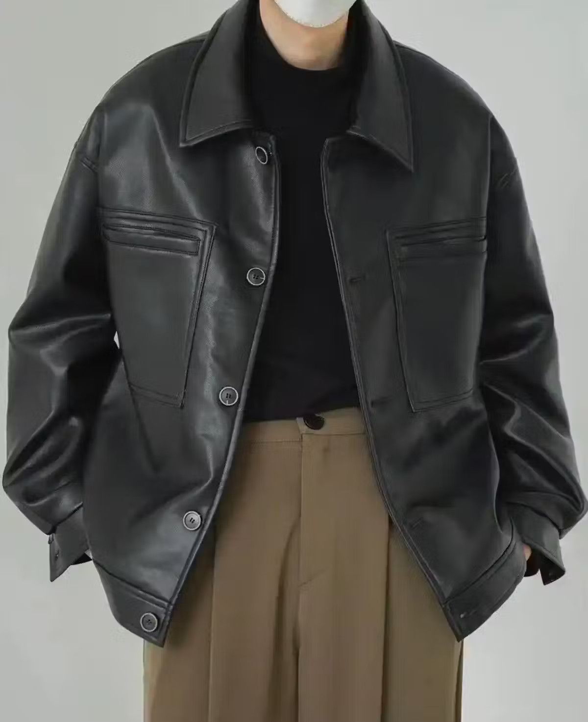 image of Vintage Korean Fashion Retro Faux Leather Jacket in Black, Men's (Size Medium)