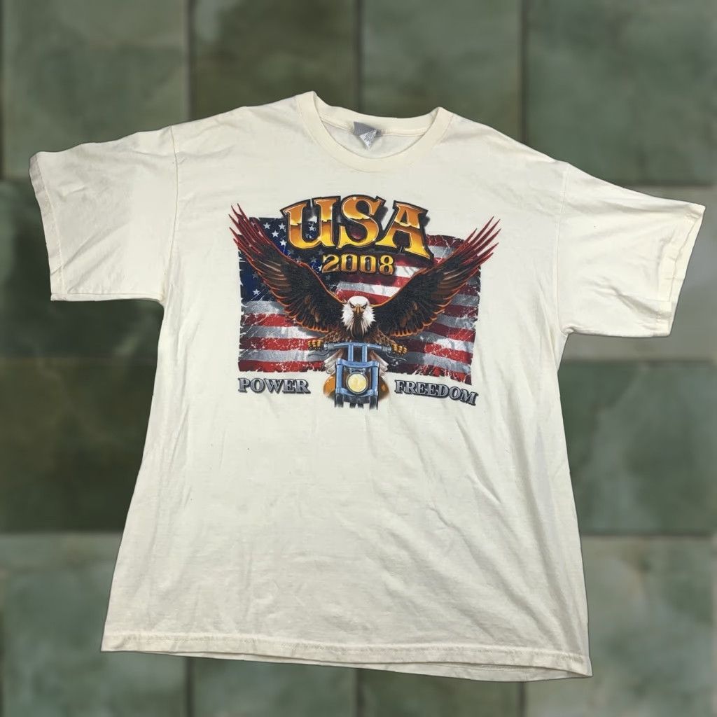 Vintage USA Biker Shirt Adult XL Tan Cream Eagle 208 Power Freedom American Motorcycle Size US XL / EU 56 / 4 - 1 Thumbnail