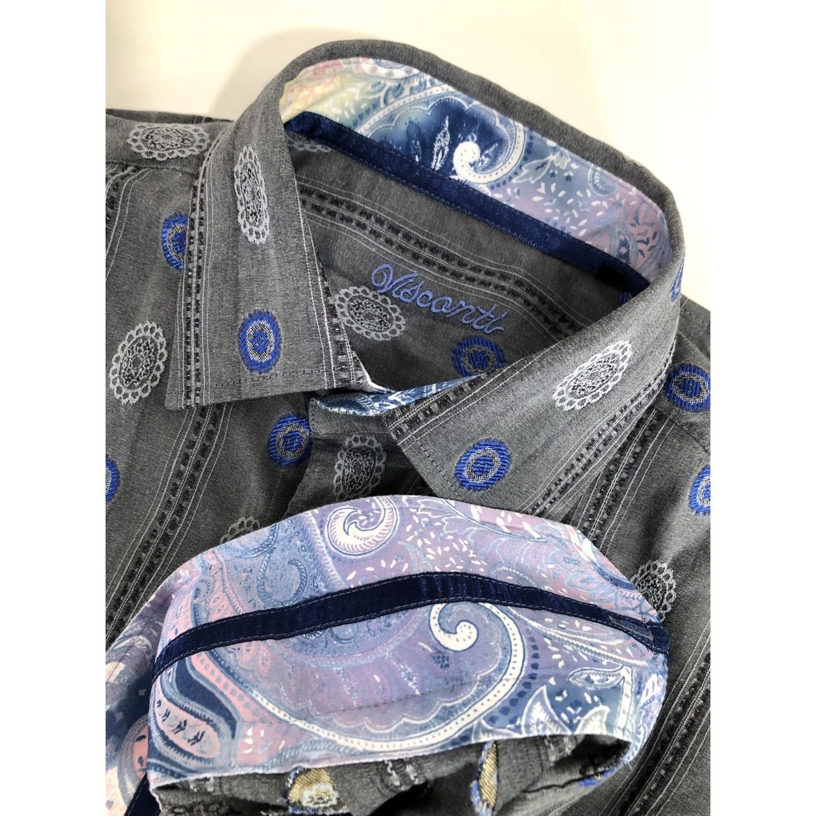 Vintage VISCONTI Shirt Mens Lg PAISLEY FLIP CUFF Gray Size US L / EU 52-54 / 3 - 4 Thumbnail