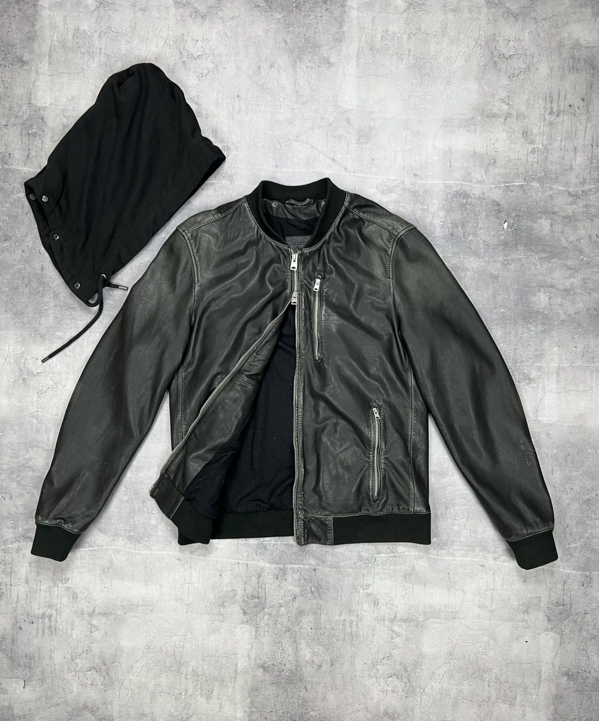 Allsaints ALL SAINTS Leather Jacket Black Biker Bomber Hooded ABBOT L Size US L / EU 52-54 / 3 - 3 Thumbnail