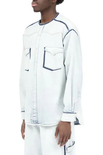 Maison Margiela oc11z0925 Collarless Denim Shirt in White/Blue Size US L / EU 52-54 / 3 - 8 Thumbnail