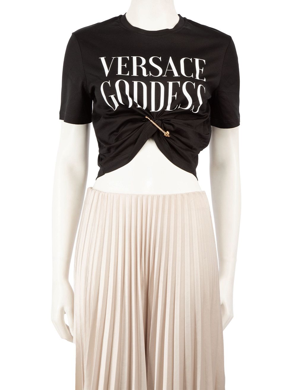 image of Black Safety Pin Versace Goddess T-Shirt, Women's (Size XS)