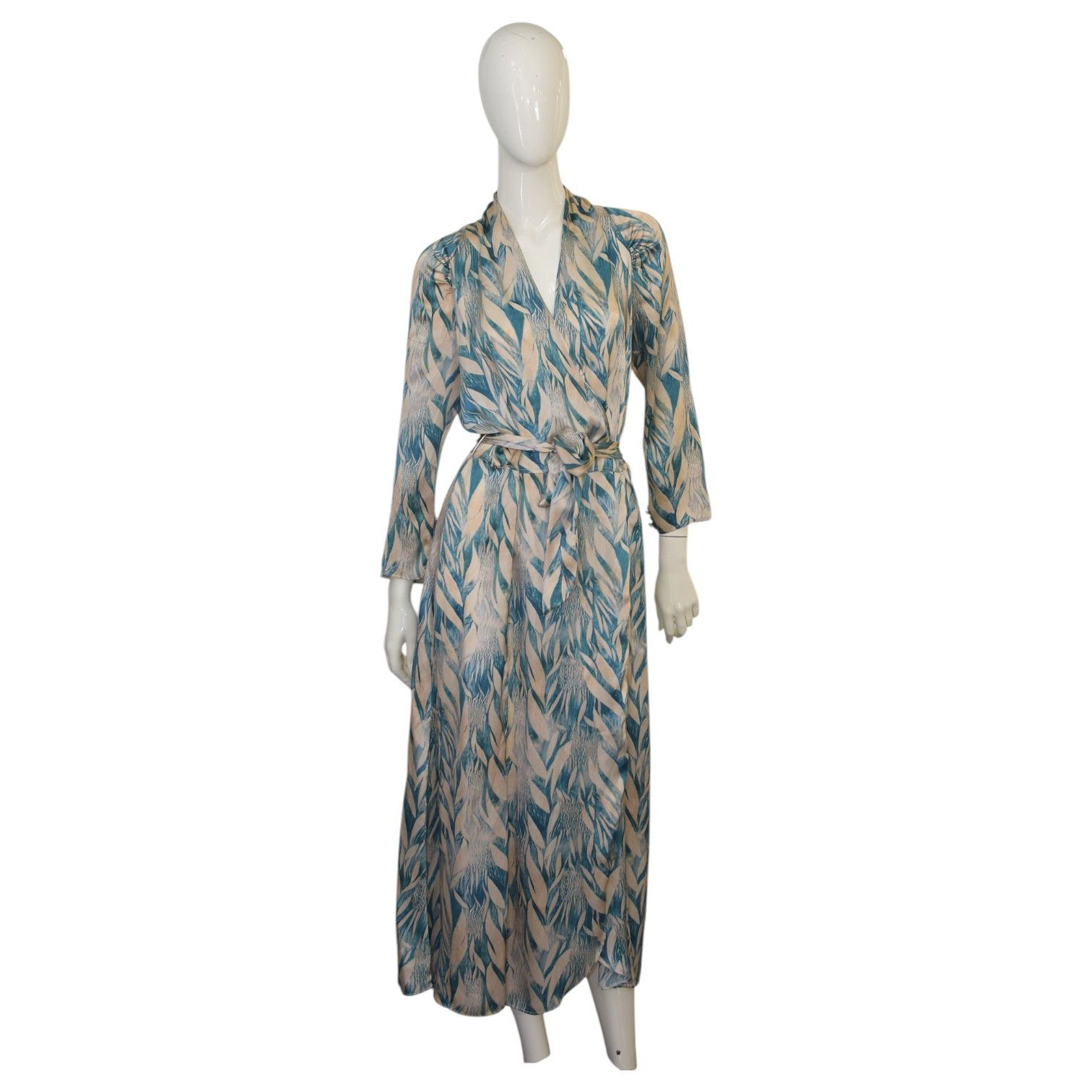 forte_forte Forte_Forte Beige & Turquoise 100% Silk Wrap Midi Dress Size ONE SIZE - 1 Thumbnail