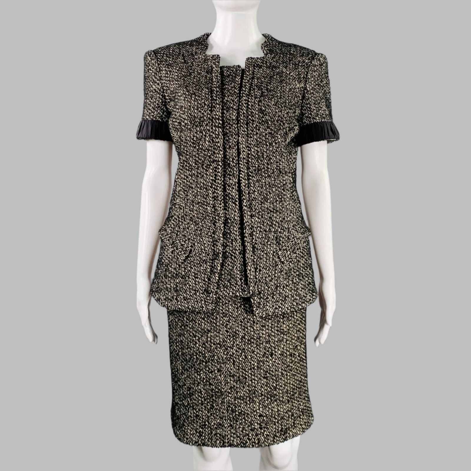 Zac Posen 6 Black White Cotton Blend Tweed Short Sleeve Skirt Suit Size 28" / US 6 / IT 42 - 1 Thumbnail