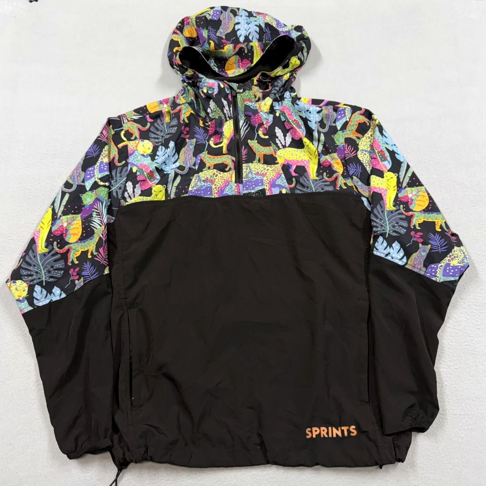 Vintage Sprints Jacket Mens Large Black Hooded 1/2 Zip Animal Print Running Windbreaker Size US L / EU 52-54 / 3 - 2 Thumbnail