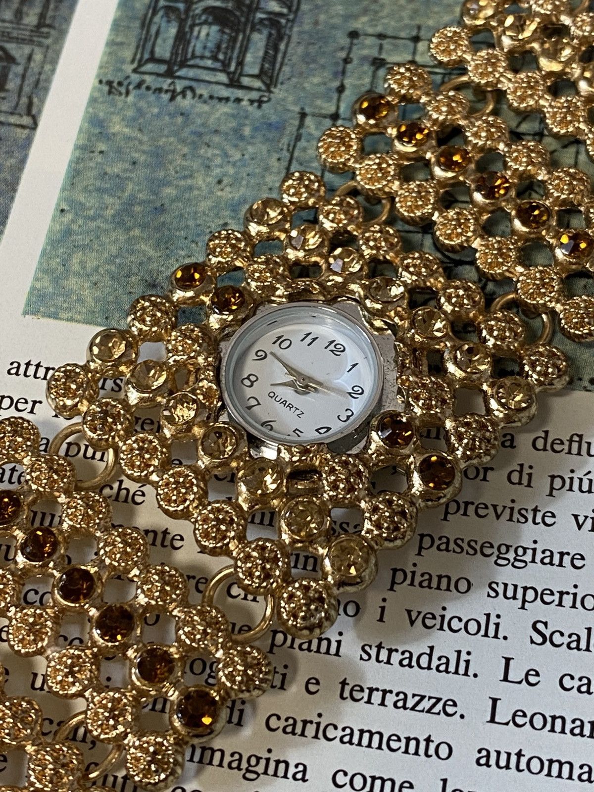 Japanese Brand Vintage Gold Baroque Amber Rhinestone Cuff Watch Size ONE SIZE - 2 Thumbnail