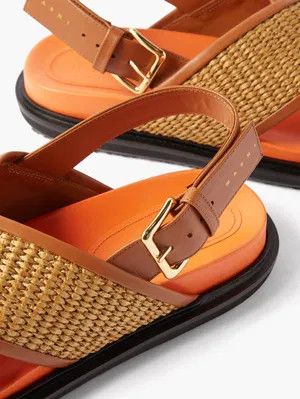 Marni o1s22i1n0525 Leather & Raffia Fussbett Sandals in Brown Size US 6 / IT 36 - 2 Thumbnail