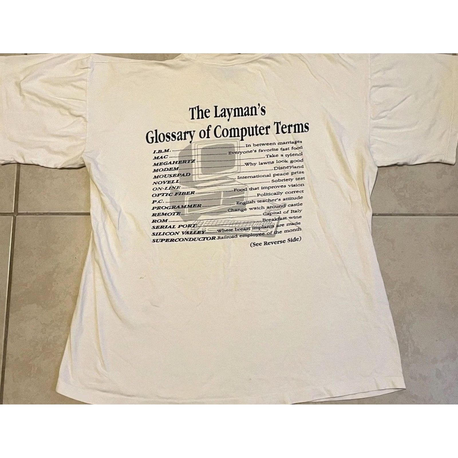 Apple VINTAGE 90s Computer Terms Faded Shirt XXL Mens White Cotton T-Shirt 2XL Single Stitch Intel i960 Funny Tech Electronics Retro Garbage? Size US XXL / EU 58 / 5 - 2 Thumbnail