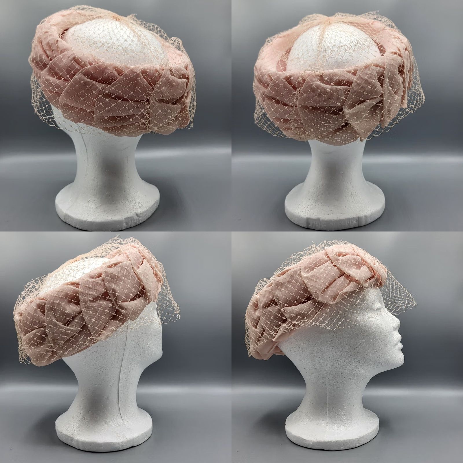 Vintage VINTAGE 1950s Pink Feathered Hat Netting Bow Union Made USA Size ONE SIZE - 8 Thumbnail
