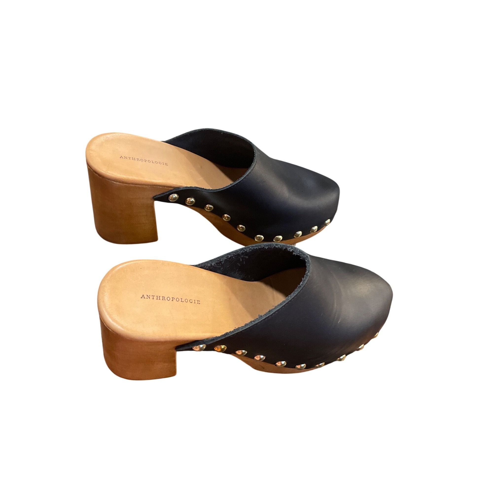 Anthropologie Anthropologie wms black leather 3.5" block heeled clogs shoe Size US 9.5 / IT 39.5 - 3 Thumbnail