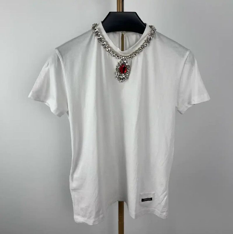 Miu Miu Miu Miu White Cotton T-Shirt with Necklace 0089 Size S / US 4 / IT 40 - 1 Thumbnail