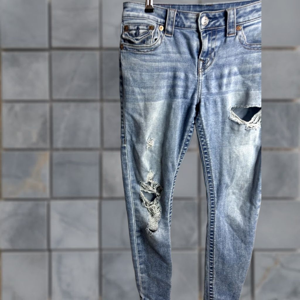 True Religion True Religion Jeans Womens 29 Blue Light Wash Distressed Skinny Denim Low Rise Slim Pockets Logo Buddha Vintage? No, not vintage. Size 29" - 1 Thumbnail